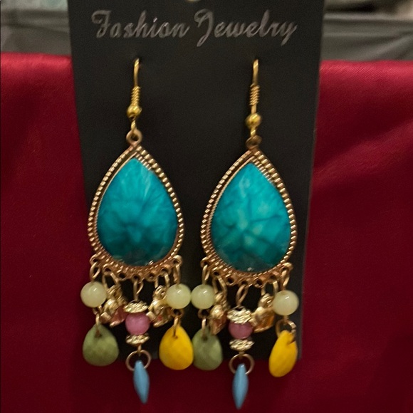 Fashion Jewelry Blue and Gold Statement Earrings - Picture 2 of 4